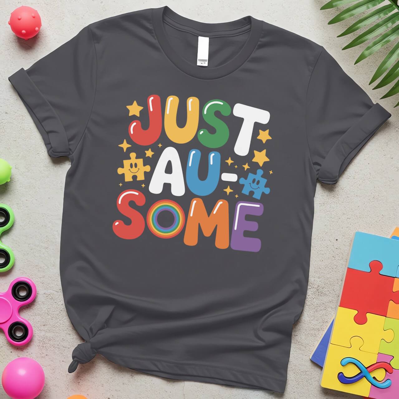 Just Au-Some Autism Acceptance Puzzle Piece Rainbow Graphic