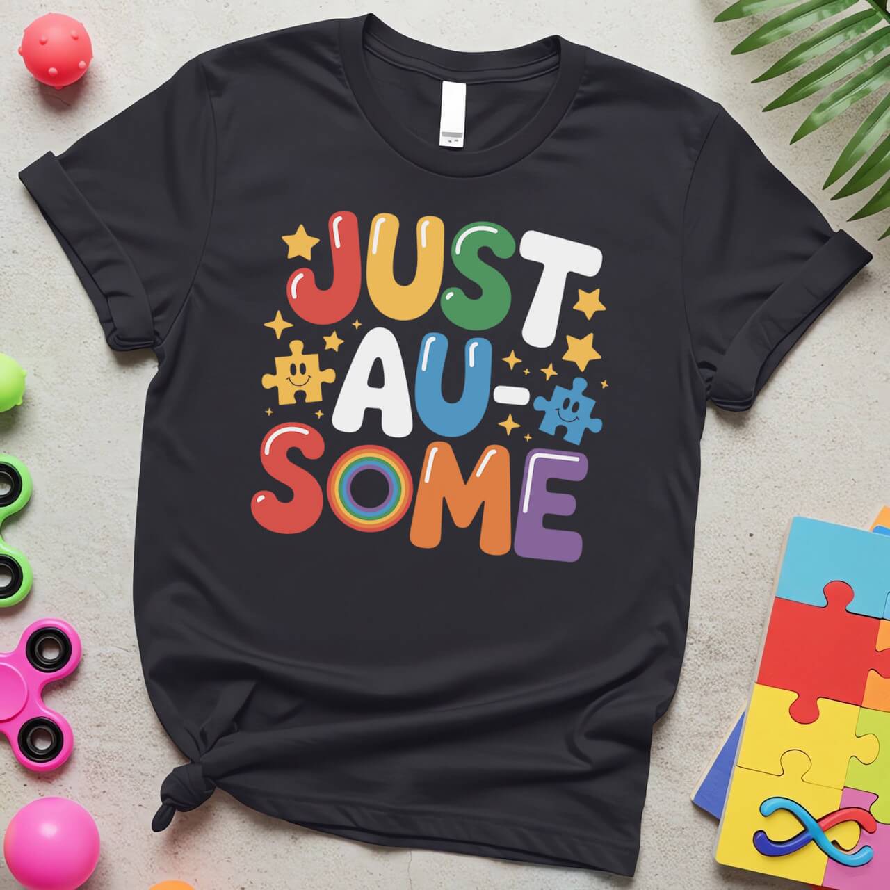 Just Au-Some Autism Acceptance Puzzle Piece Rainbow Graphic