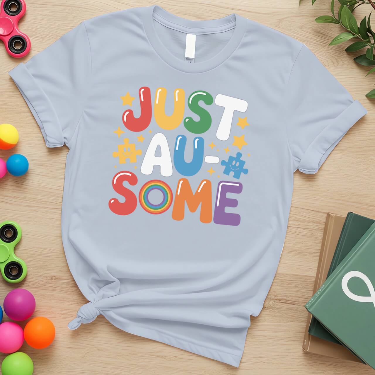 Just Au-Some Autism Acceptance Puzzle Piece Rainbow Graphic