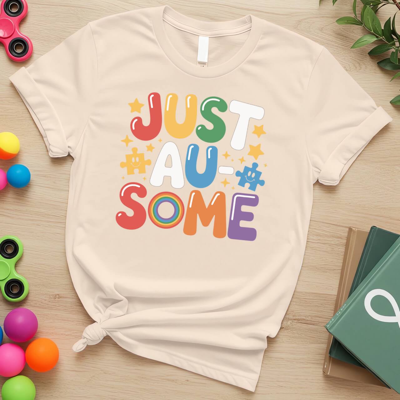 Just Au-Some Autism Acceptance Puzzle Piece Rainbow Graphic