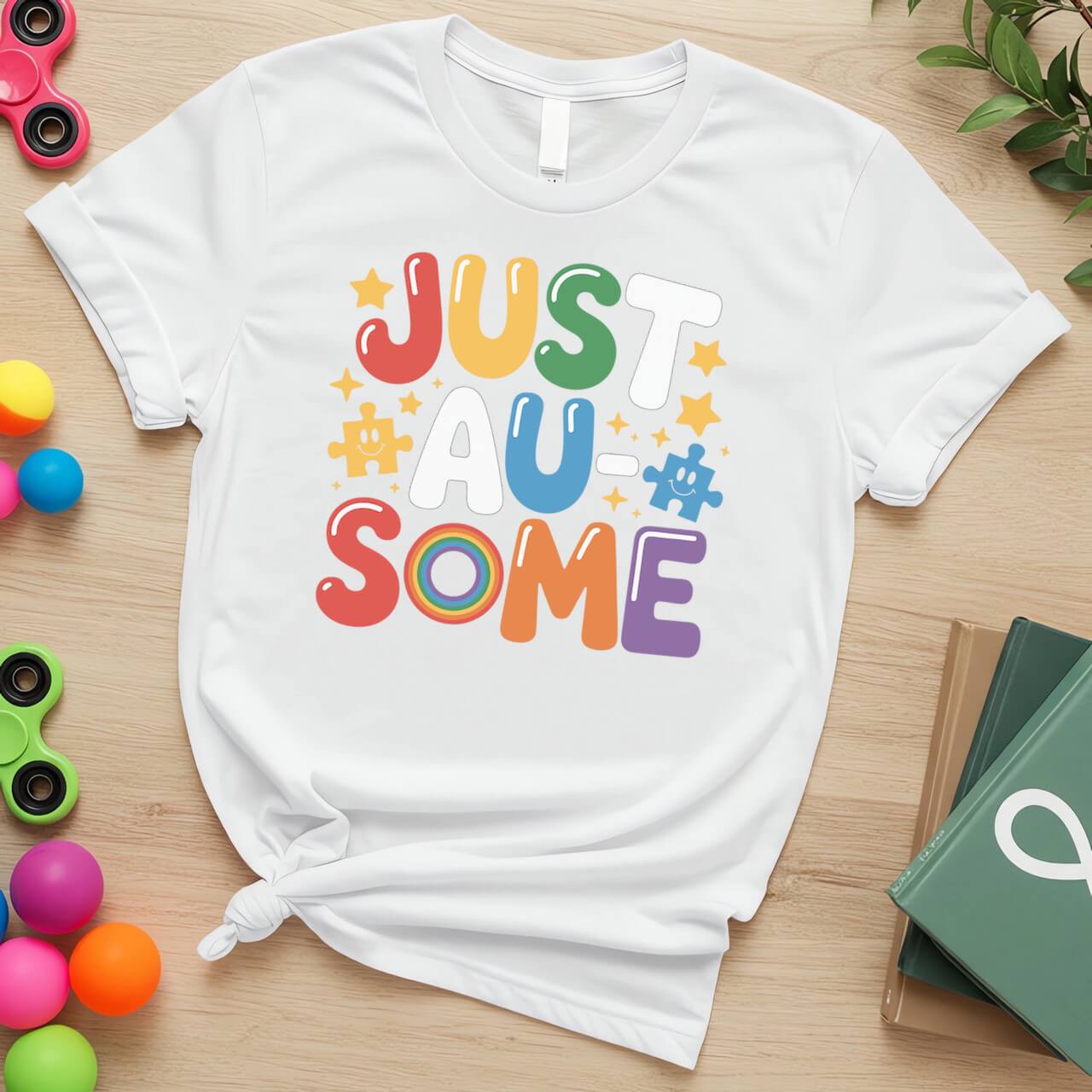 Just Au-Some Autism Acceptance Puzzle Piece Rainbow Graphic