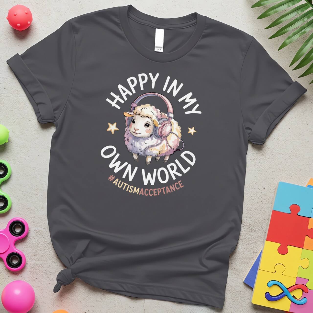 Happy in My Own World Autism Awareness Sheep with Headphones