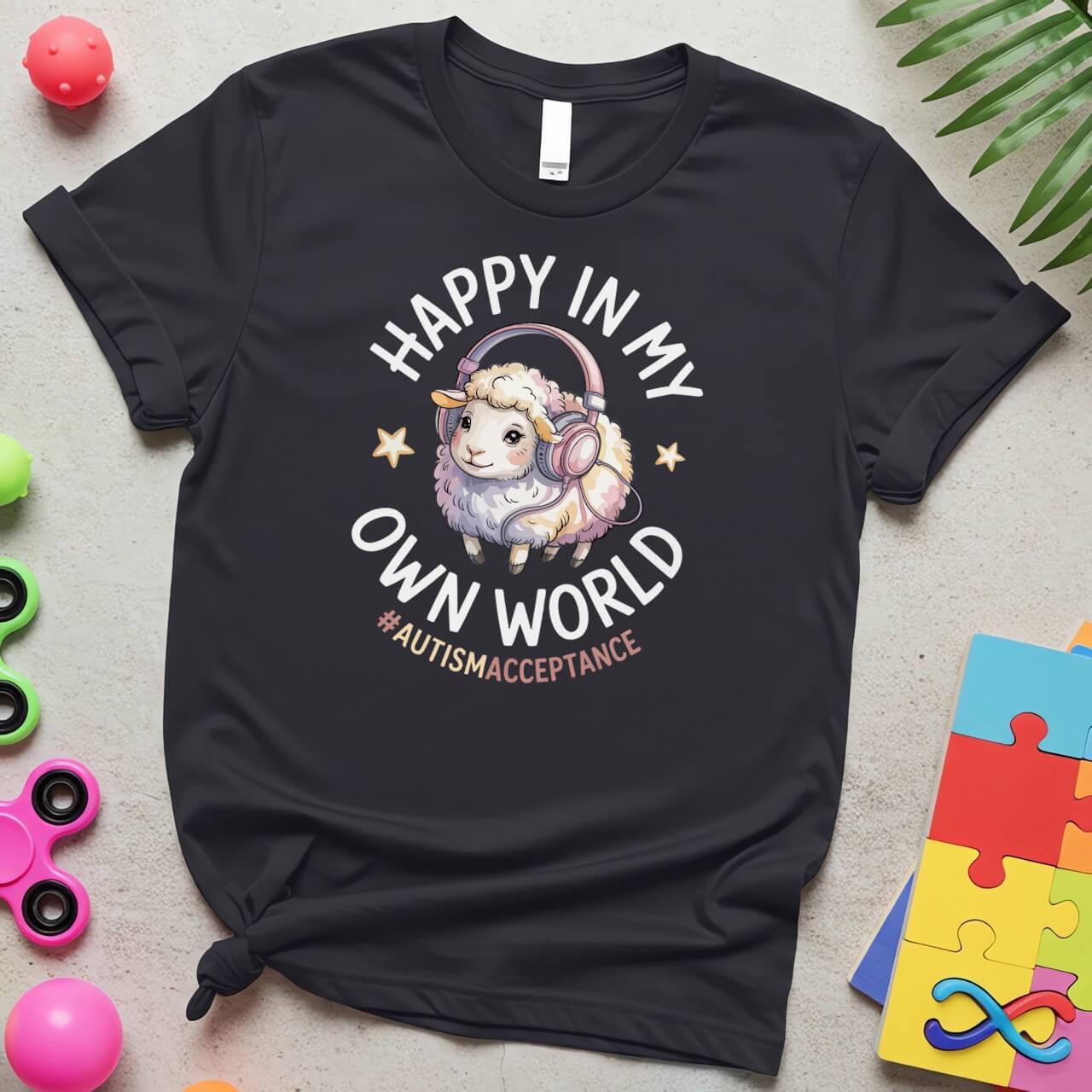 Happy in My Own World Autism Awareness Sheep with Headphones