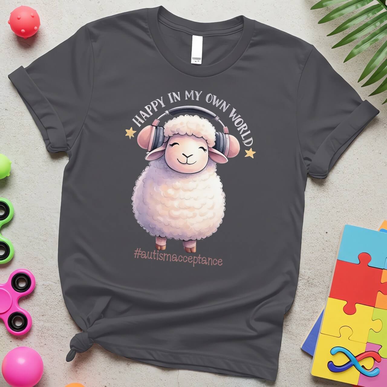 Happy in My Own World Autism Awareness Sheep with Headphones