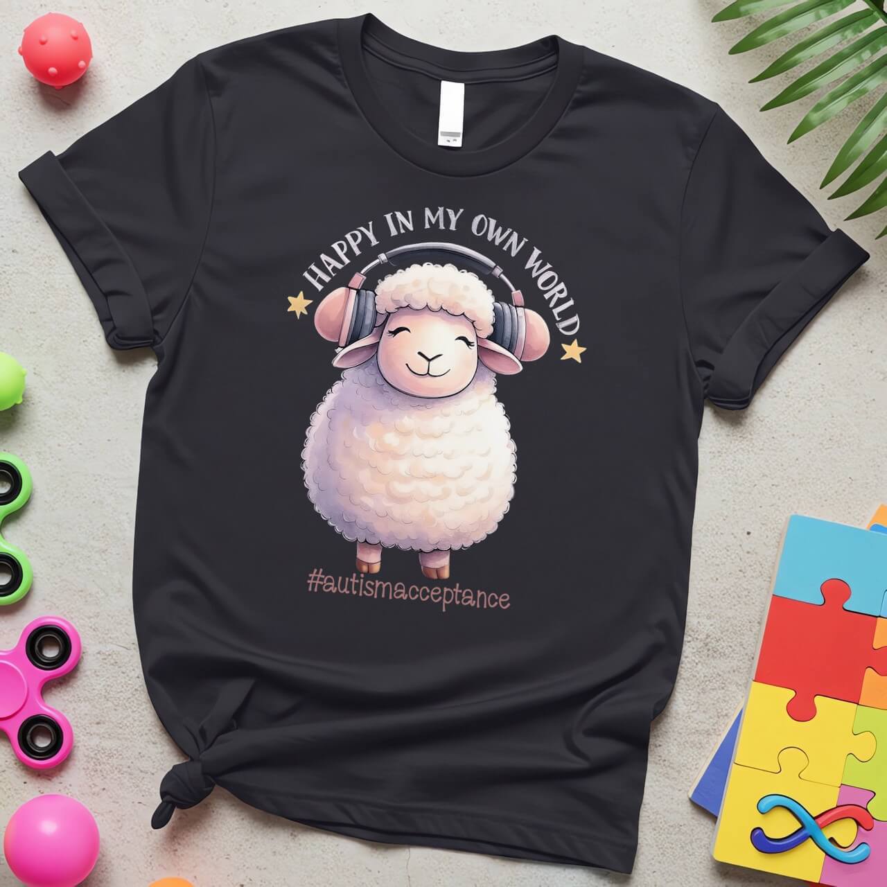 Happy in My Own World Autism Awareness Sheep with Headphones