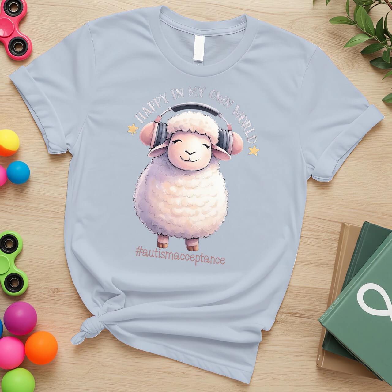 Happy in My Own World Autism Awareness Sheep with Headphones