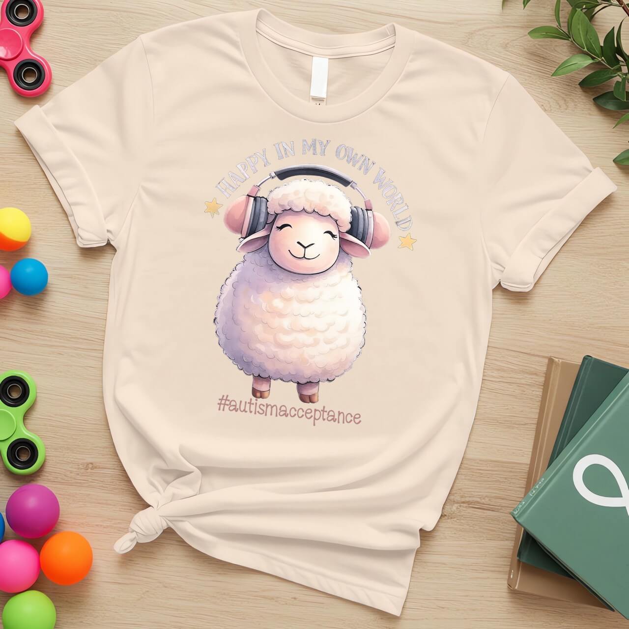 Happy in My Own World Autism Awareness Sheep with Headphones