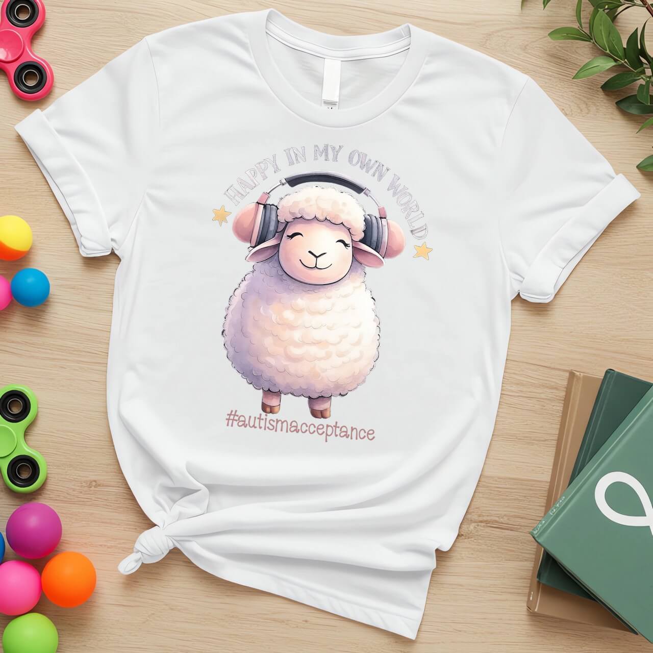 Happy in My Own World Autism Awareness Sheep with Headphones