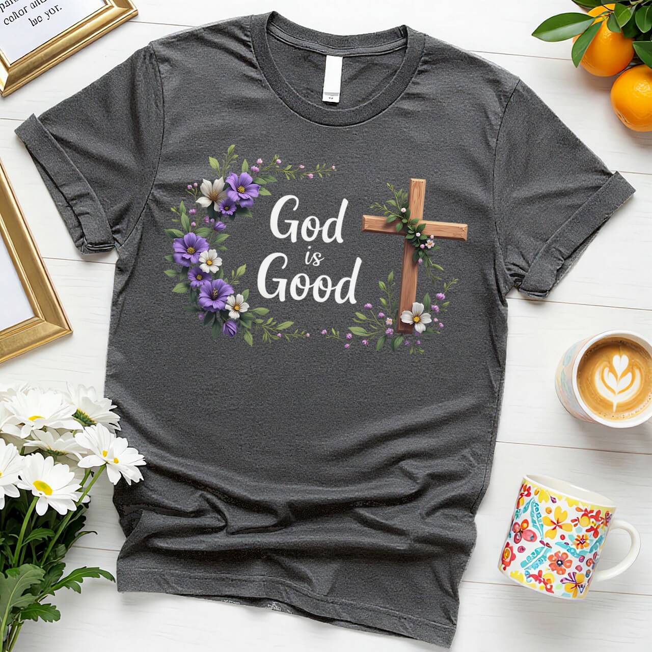 Floral Cross Graphic (God is Good Purple Bloom Design)