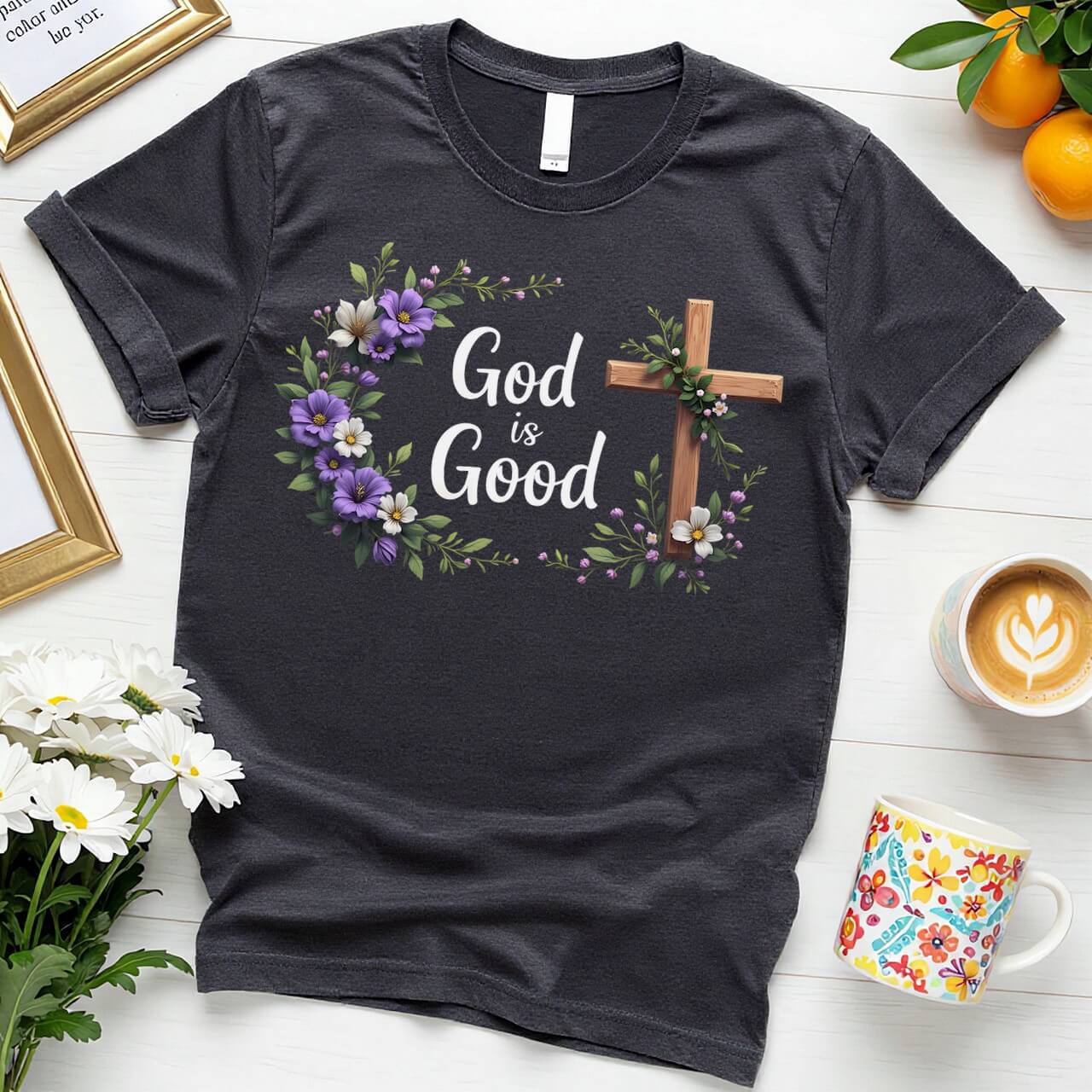 Floral Cross Graphic (God is Good Purple Bloom Design)