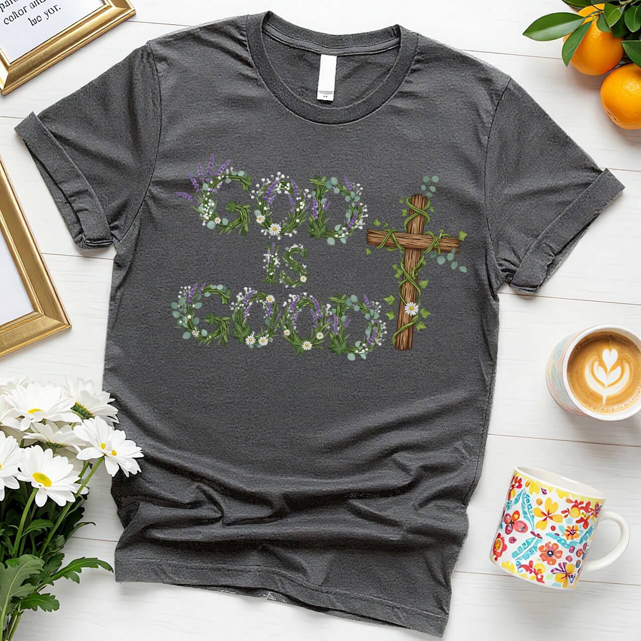 Botanical Cross Design (God is Good Green Wreath Graphic)
