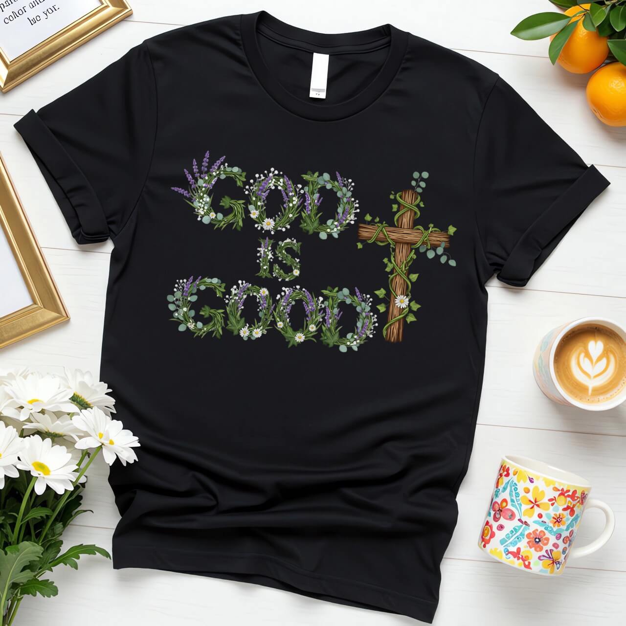 Botanical Cross Design (God is Good Green Wreath Graphic)