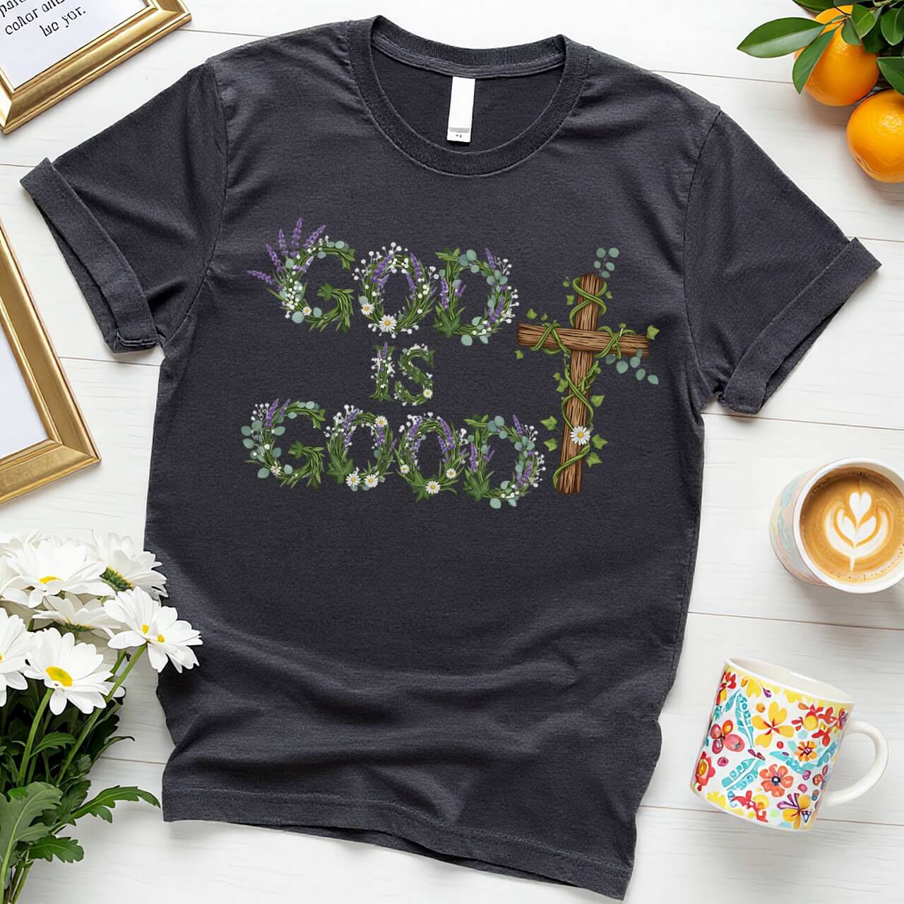 Botanical Cross Design (God is Good Green Wreath Graphic)