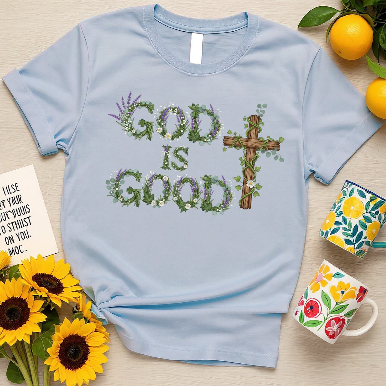 Botanical Cross Design (God is Good Green Wreath Graphic)