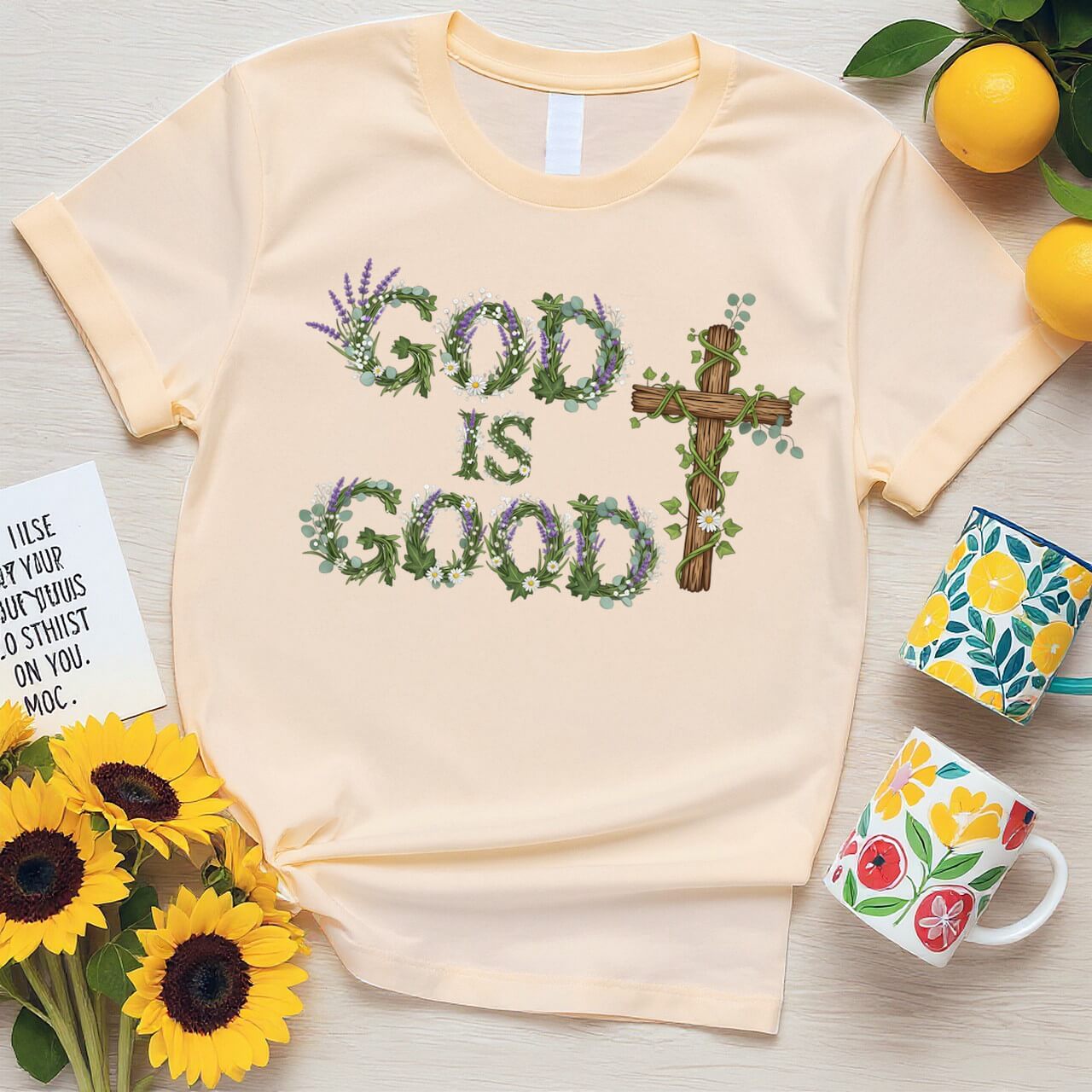 Botanical Cross Design (God is Good Green Wreath Graphic)