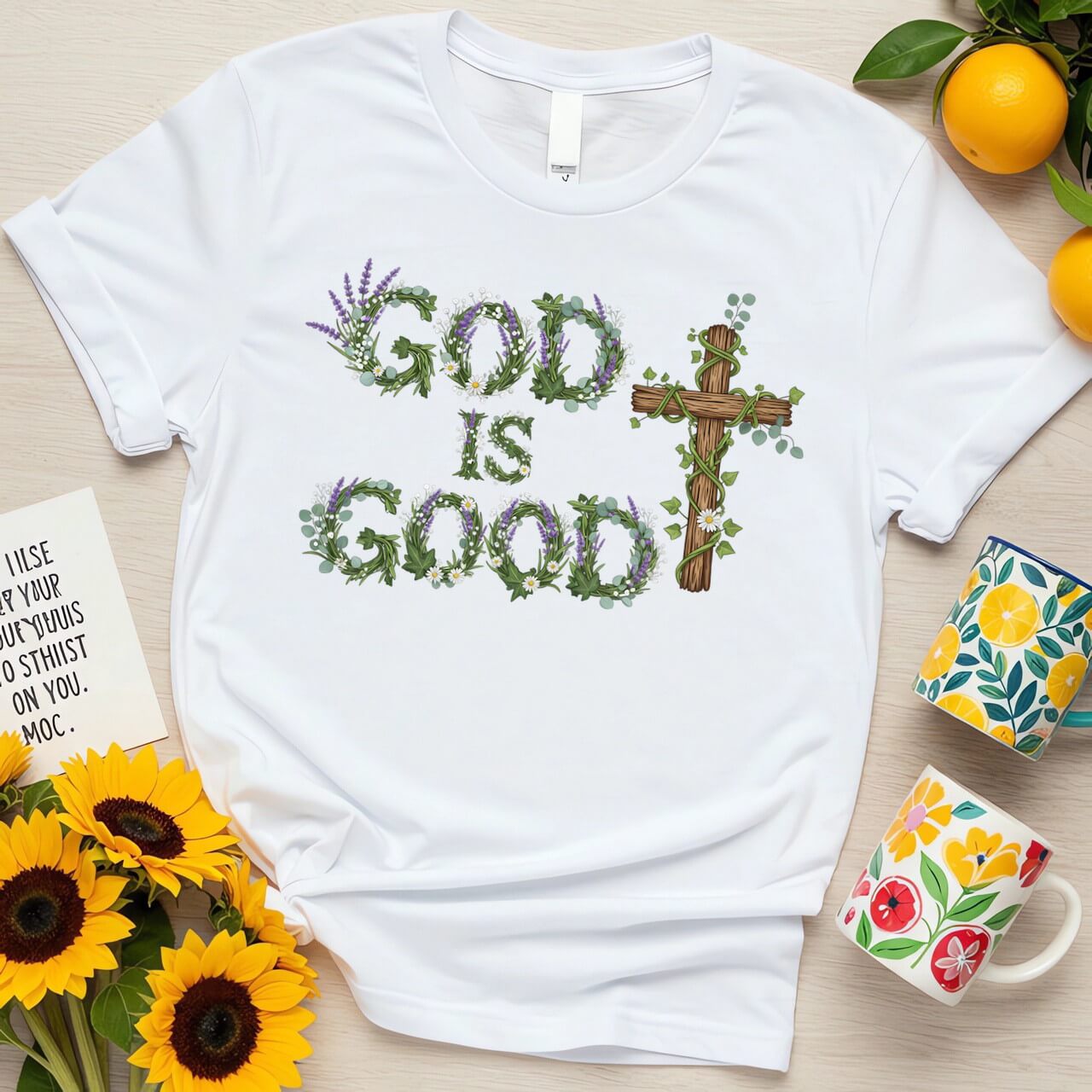 Botanical Cross Design (God is Good Green Wreath Graphic)