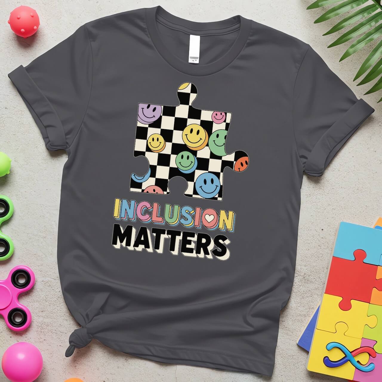 Inclusion Matters Autism Awareness Puzzle Piece Smiley Design