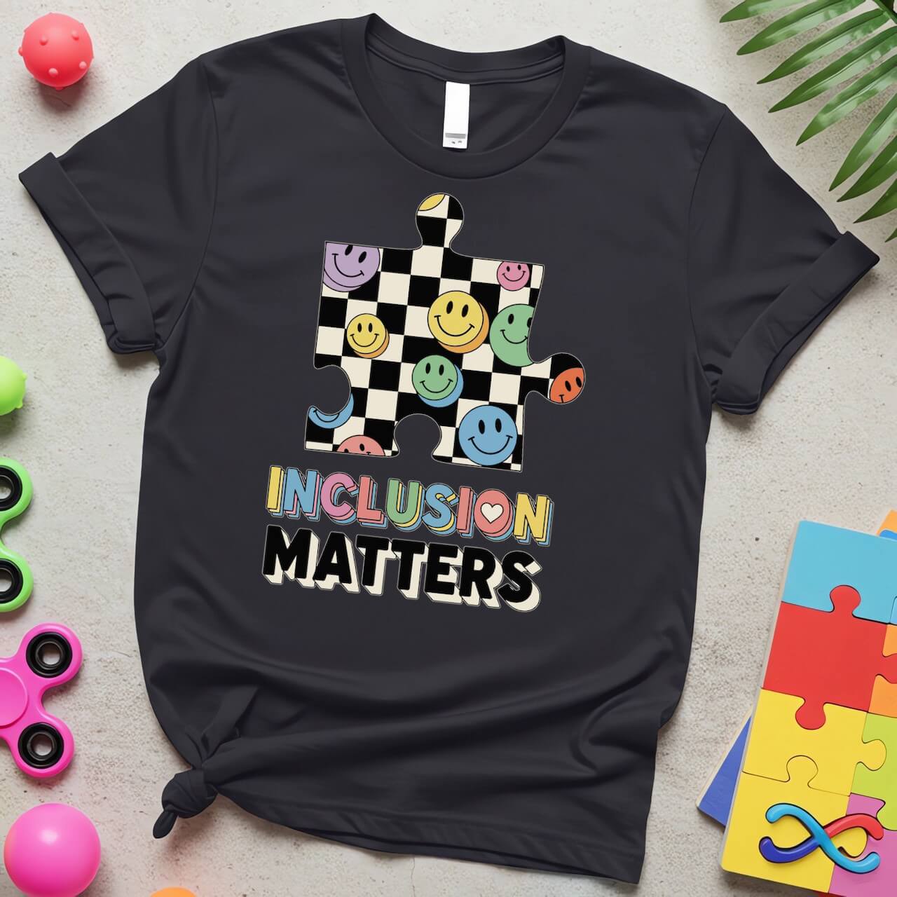Inclusion Matters Autism Awareness Puzzle Piece Smiley Design
