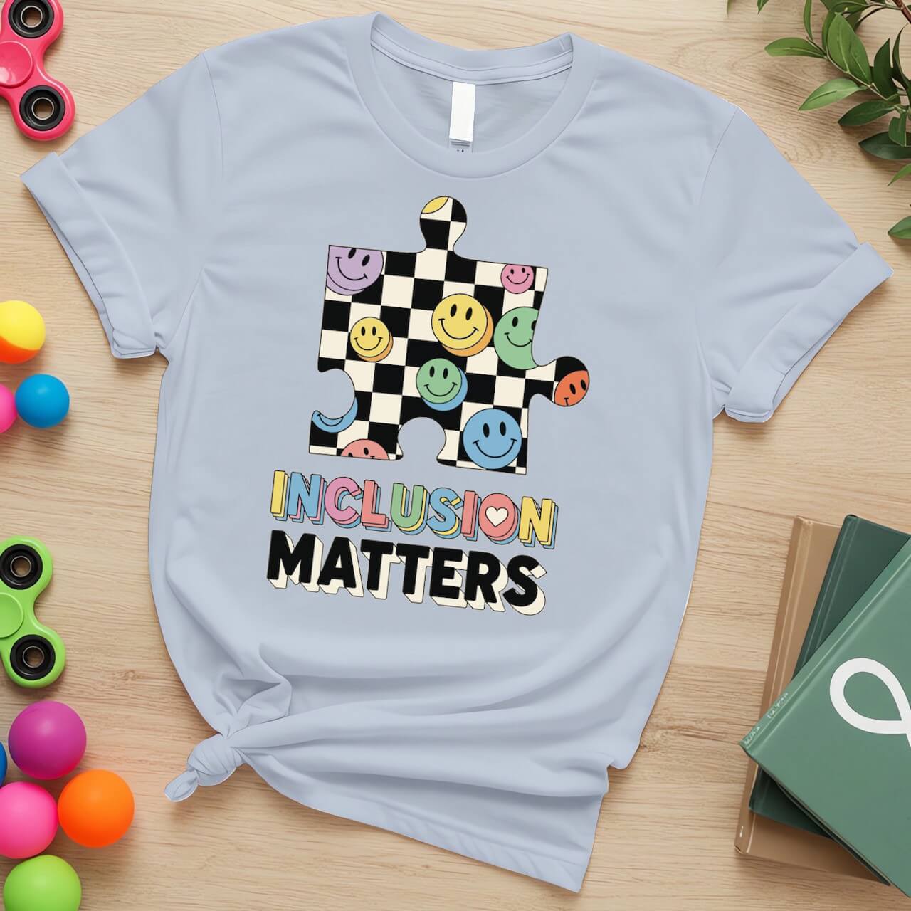 Inclusion Matters Autism Awareness Puzzle Piece Smiley Design
