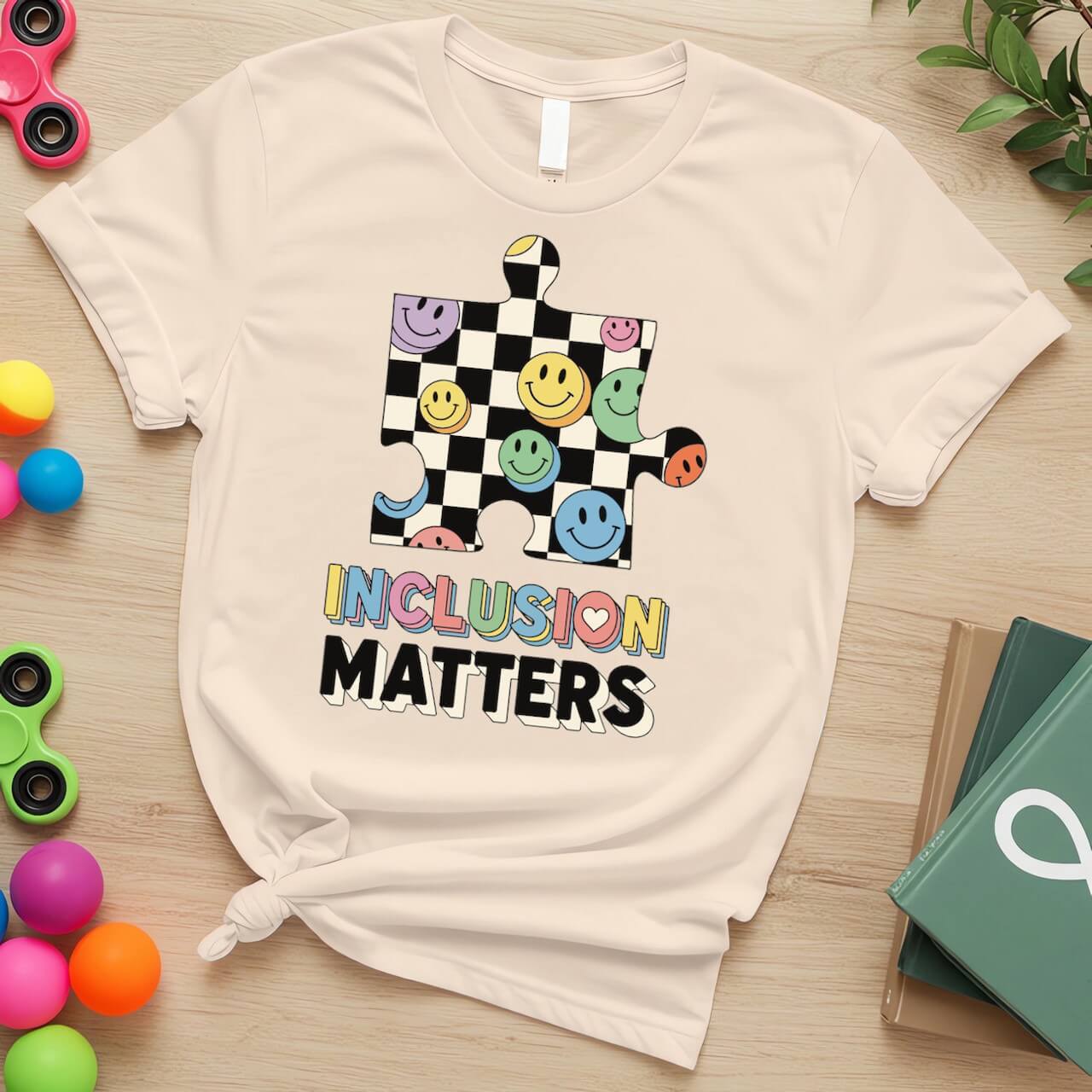Inclusion Matters Autism Awareness Puzzle Piece Smiley Design