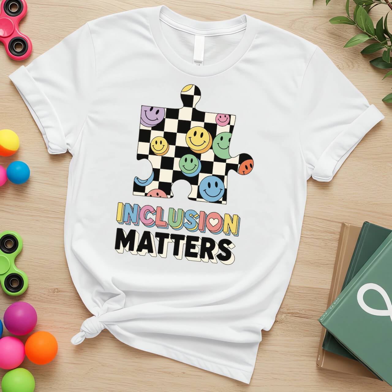 Inclusion Matters Autism Awareness Puzzle Piece Smiley Design