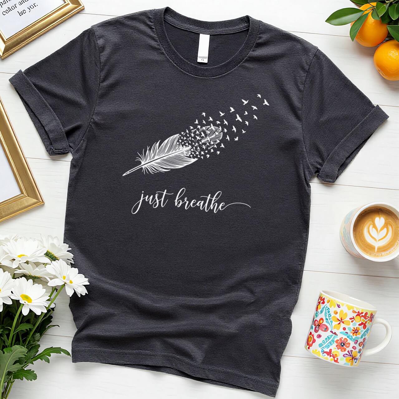 Just Breathe Feather Design (Elegant Positivity Graphic)