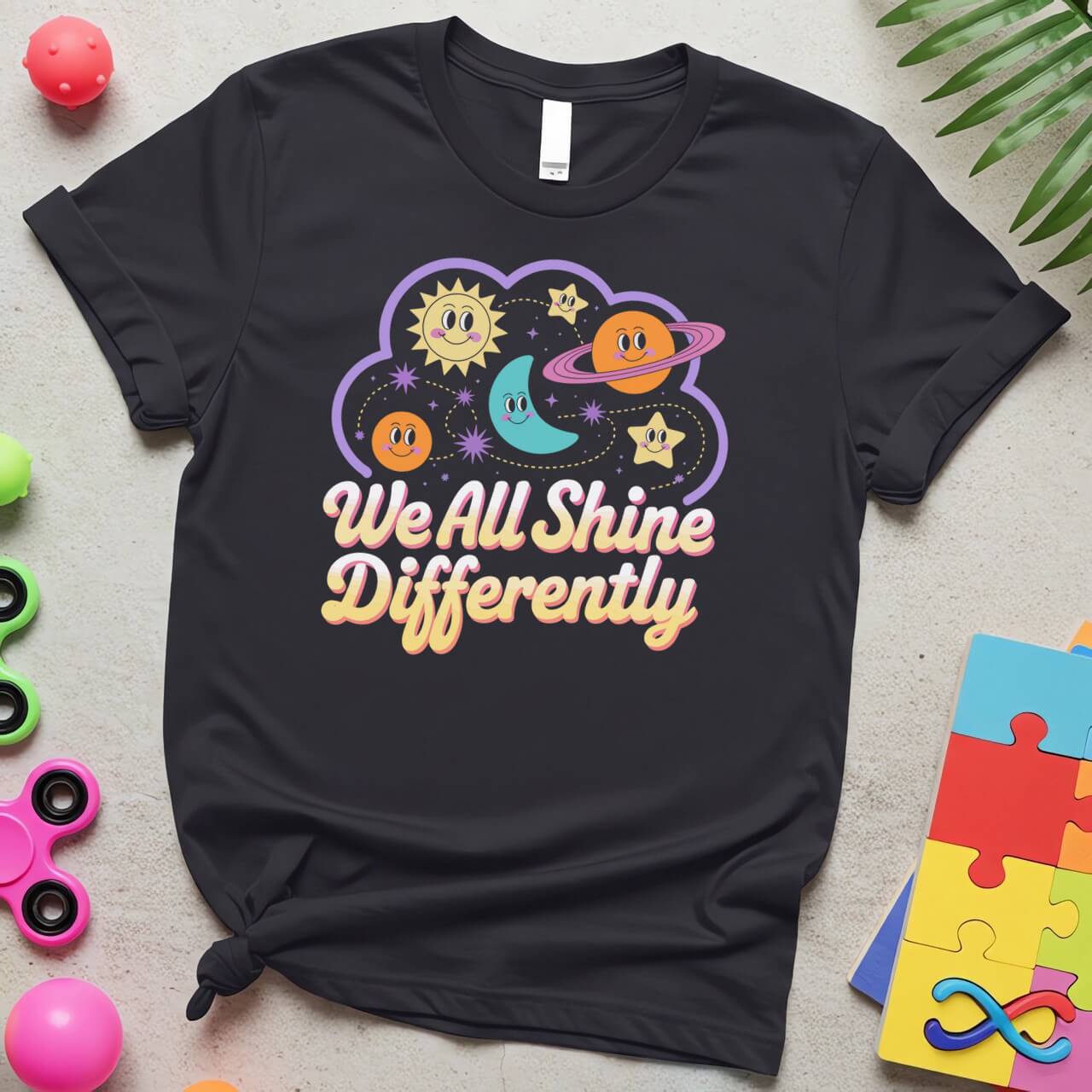 We All Shine Differently Autism Awareness Graphic Design