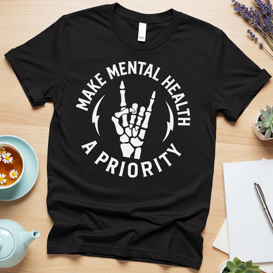 Make Mental Health a Priority (Rock Hand Skeleton Graphic Design)