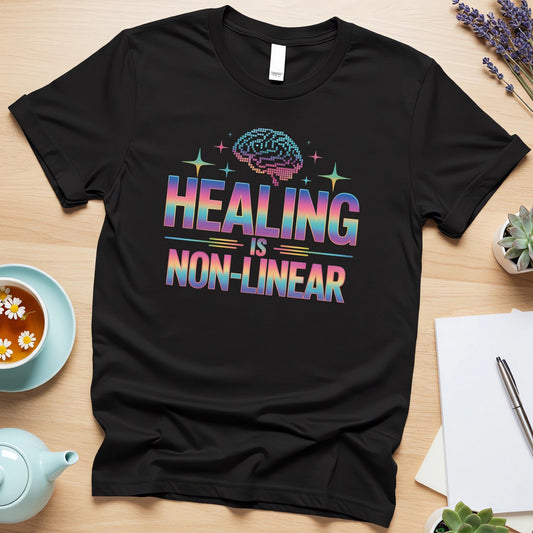 Retro “Healing is Non-Linear” Pixel Brain (Rainbow Mental Health Design)