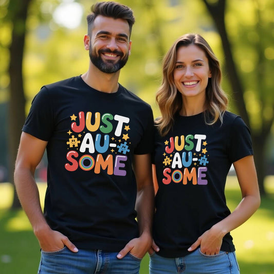 Just Au-Some Autism Acceptance Puzzle Piece Rainbow Graphic