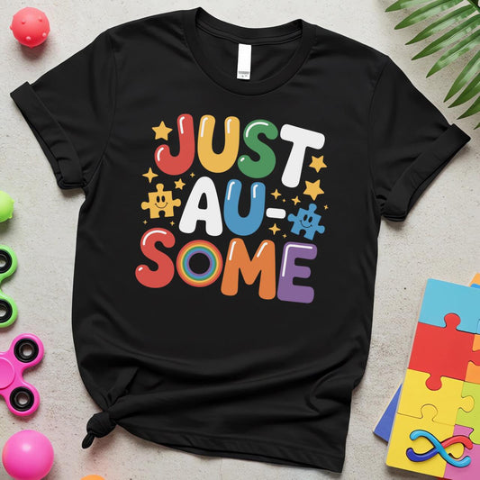 Just Au-Some Autism Acceptance Puzzle Piece Rainbow Graphic