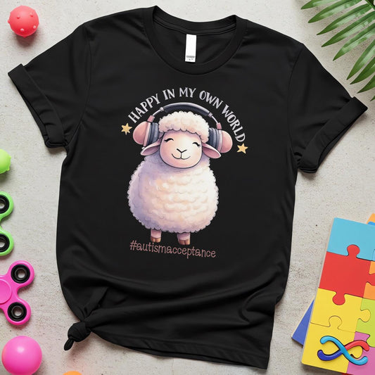 Happy in My Own World Autism Awareness Sheep with Headphones