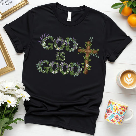Botanical Cross Design (God is Good Green Wreath Graphic)
